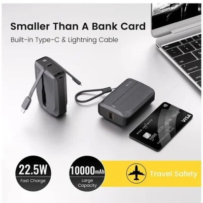 Zlos 10000mAh Mini Power Bank With Built-In USB-C And Lightning Cables - Black